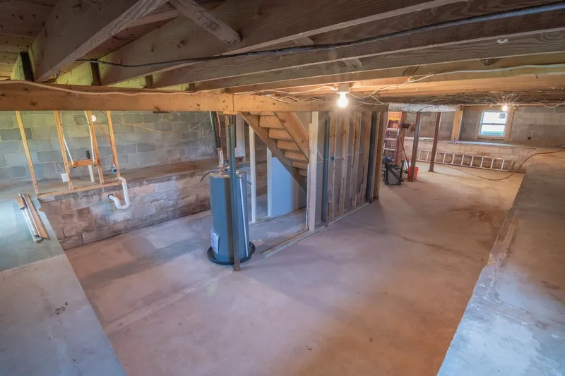 Unfinished Nashville basement showing concrete block walls and floor before waterproofing